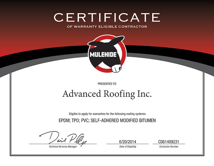 Advanced Roofing Inc. - Certificate of Warranty Eligible Contractor by MuleHide