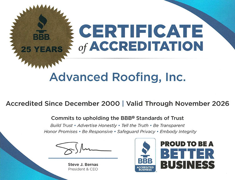 Advanced Roofing Inc. - Certificate of Accreditation by BBB