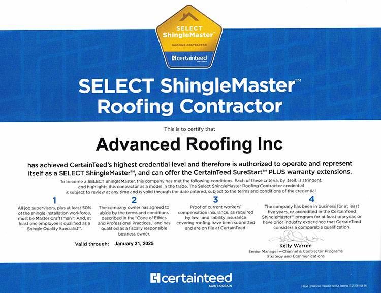 Advanced Roofing Inc. - Select ShingleMaster Roofing Contractor Certification by CertainTeed